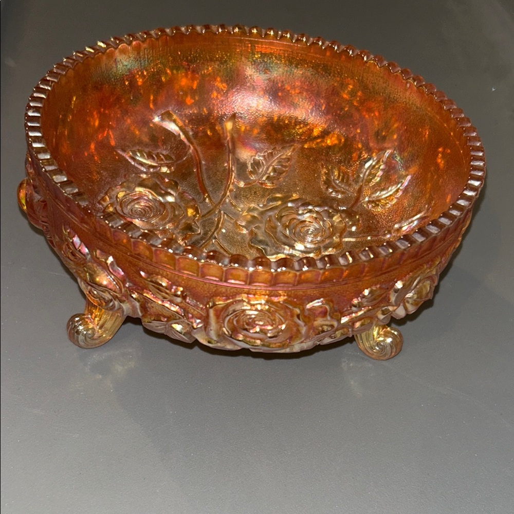 Vintage footed Iridescent Orange Decorative Bowl